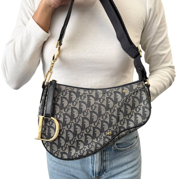 Christian Dior Vintage 2004 Trotter Monogram Saddle Bag Dark Blue Gold [106227] - Picture 3 of 16